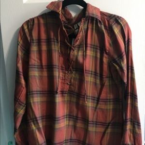 Faded Lace-up Plaid Blouse